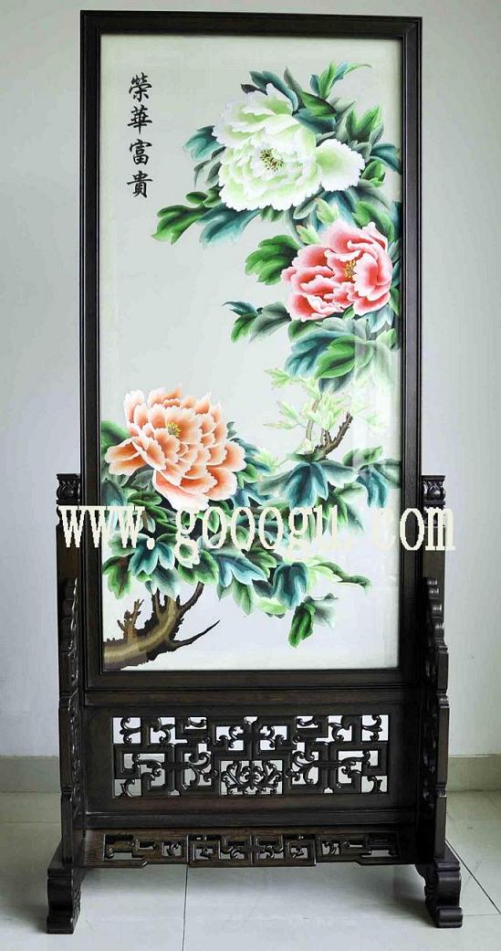 牡丹刺繡雙面繡，榮華富貴雙面繡玄關(guān)屏風(fēng)，蘇州手工刺繡繡品
